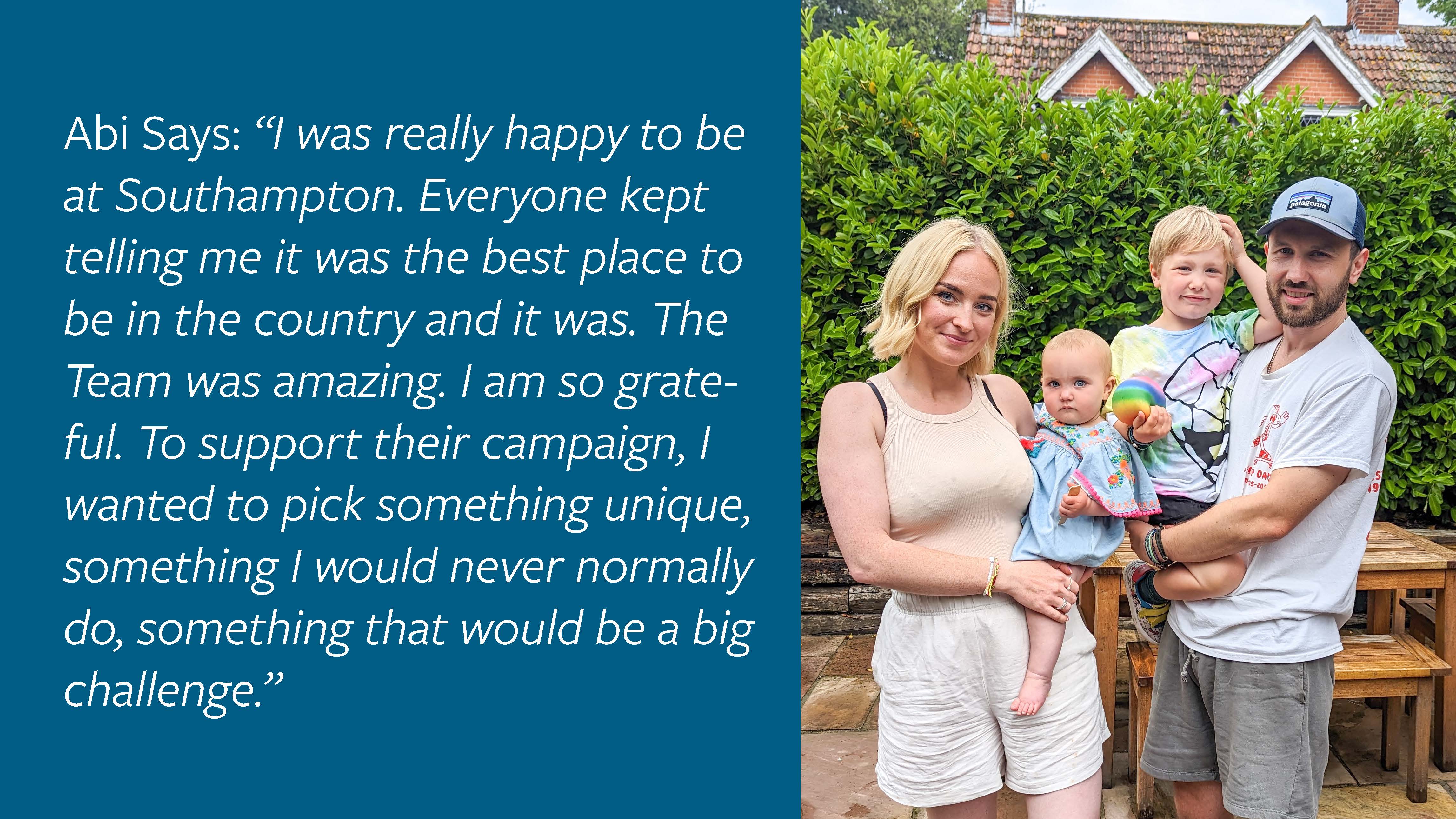 A photo of Abi with her husband Ross and two children. Next to it is a quote from her about how she challenged herself with her fundraiser and how grateful she is to the centre for cancer immunology.
