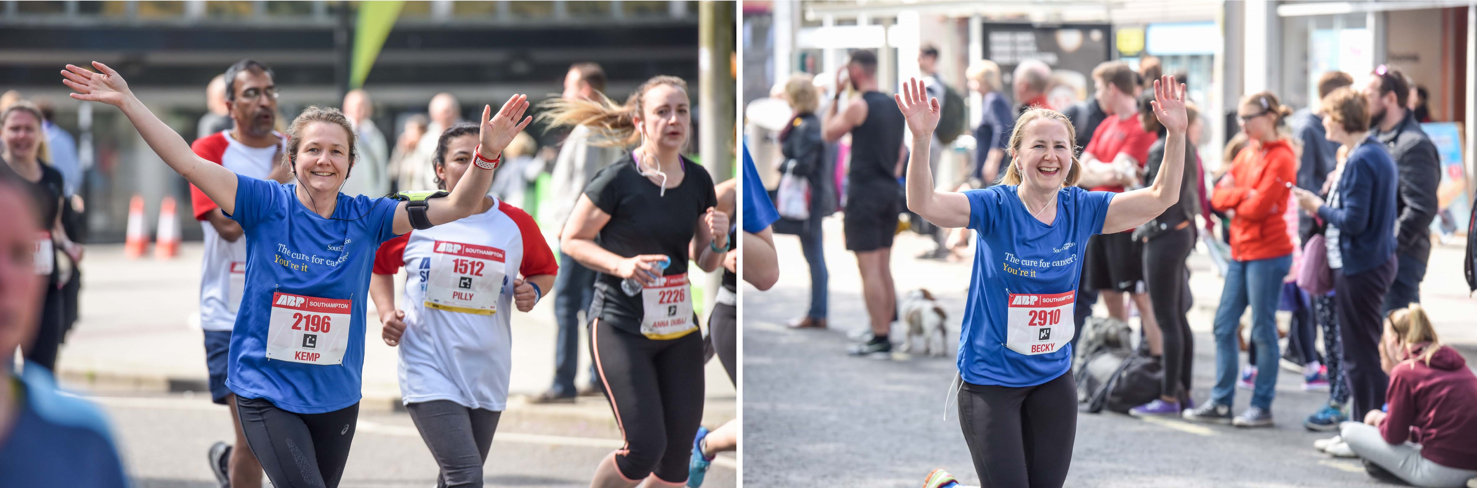two photos of marathon runners fundraising for the centre for cancer immunology. They are both happy and waving their arms in the air.