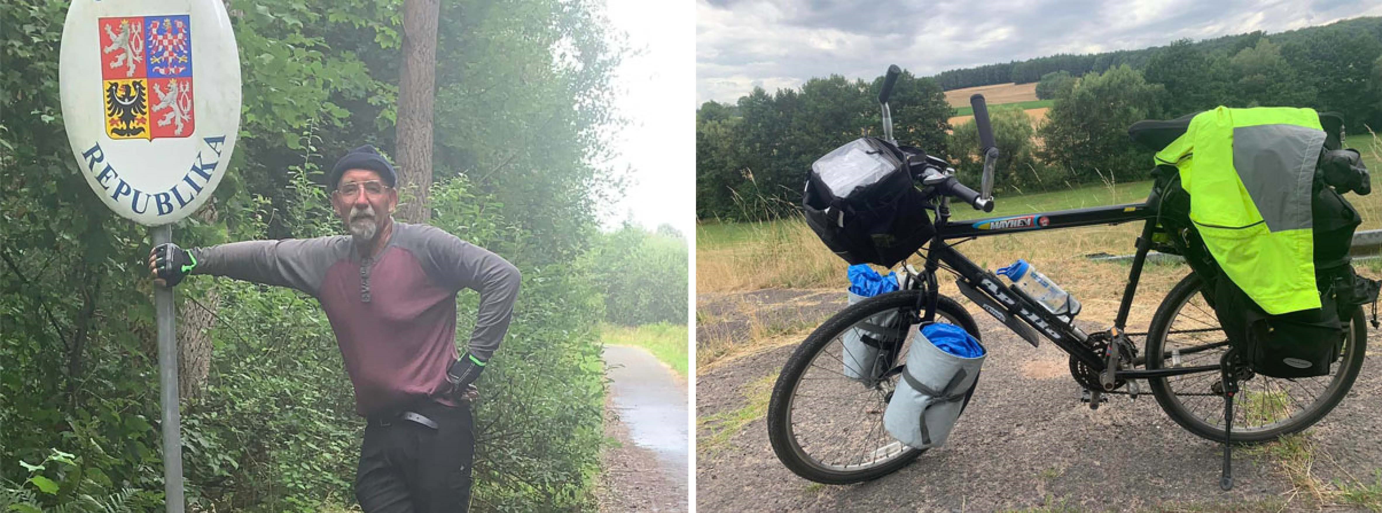 Two photos: the left shows a photo of Keith at his final stop of his Jailbrerak in the Czech Republic. He is leaning on a roadsign. The right photo shows Keith's £10 bike that he used for his fundraiser. It has all his supplies attached to it.